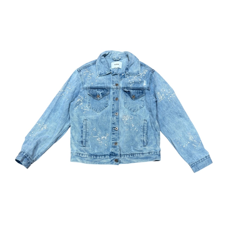 Pistola Zodiac Denim Jacket Light Wash Constellation Distressed M Casual